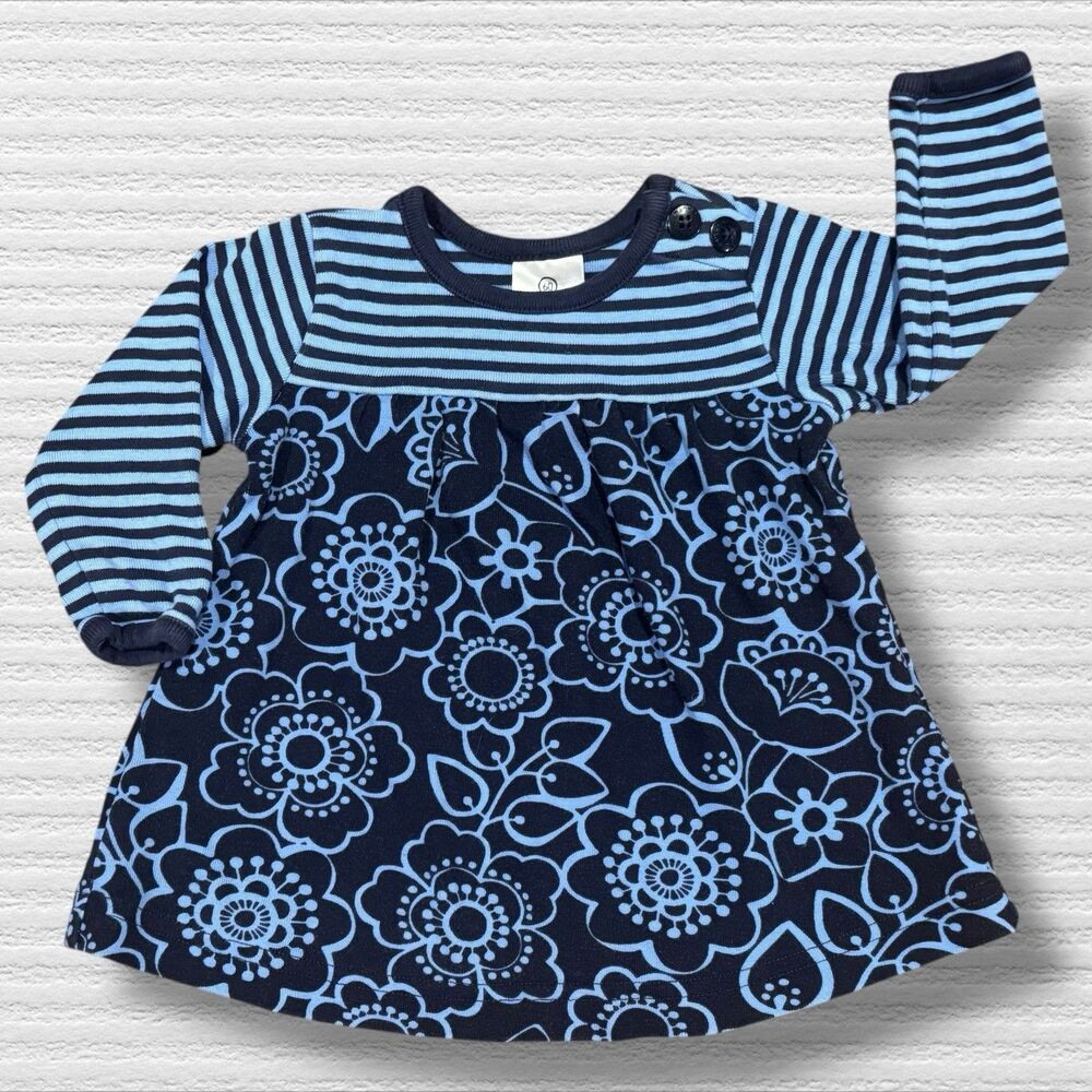 Hanna Andersson Baby Dress 3-6M Blue Floral Stripe Organic Cotton Long Sleeve